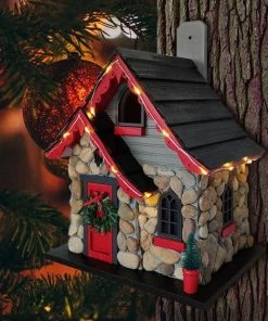 Happy Gardens Birdhouses/Baths Charlevoix Stone Christmas Cottage With LED Lights