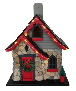 Happy Gardens Birdhouses/Baths Charlevoix Stone Christmas Cottage With LED Lights