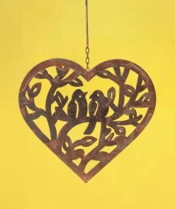 Happy Gardens Hanging Open Heart With Birds Ornament Natural Finish
